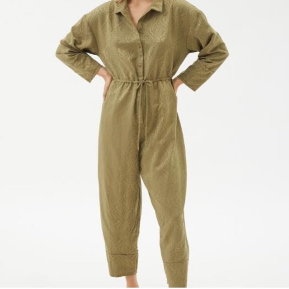 Out From Under Jayce Jacquard Jumpsuit Womens S Olive Green Satin Embossed